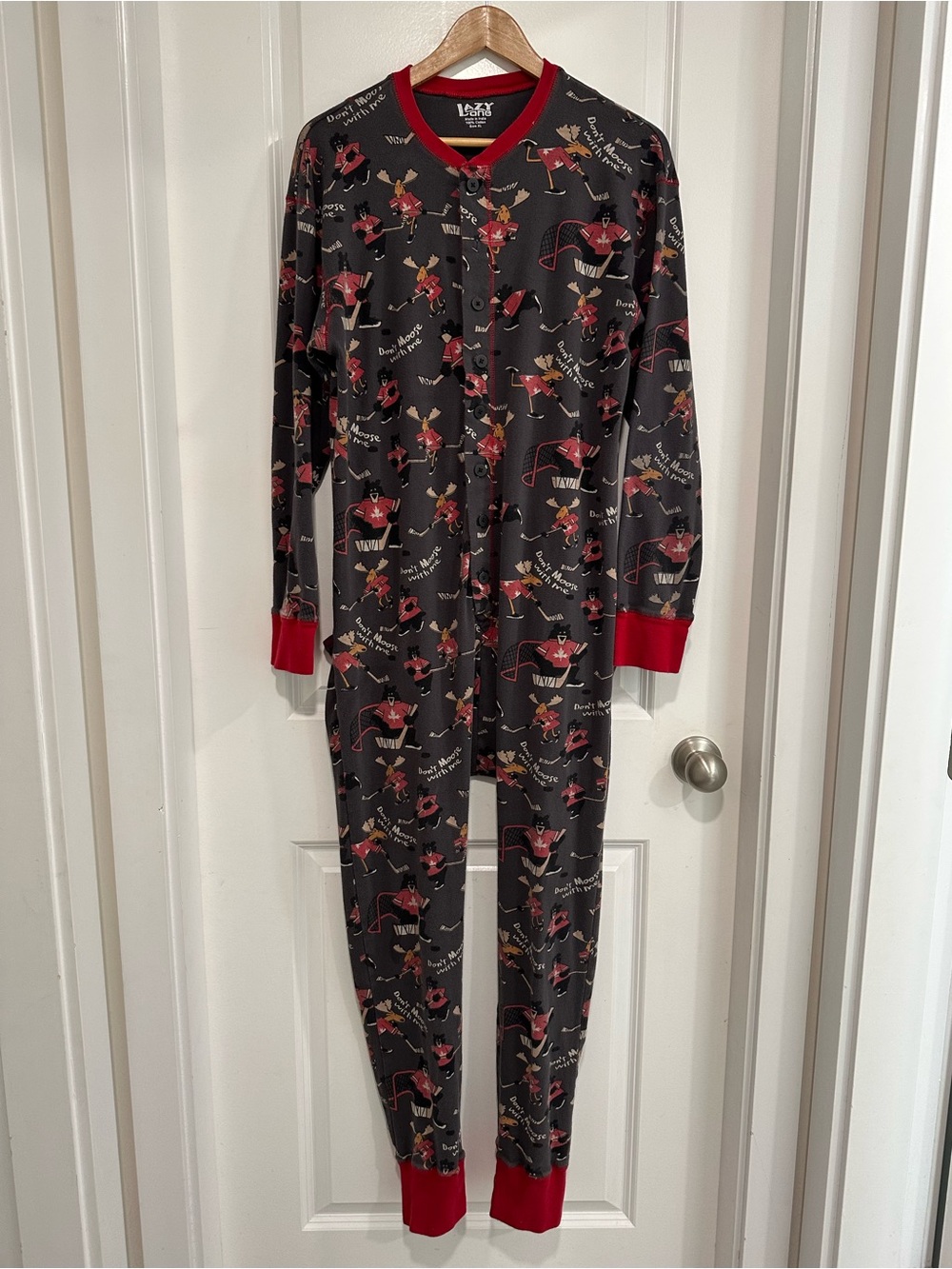 Lazy One Gray and Red Hockey Print Adult Flapjacks One Piece Onesie Pajamas XL